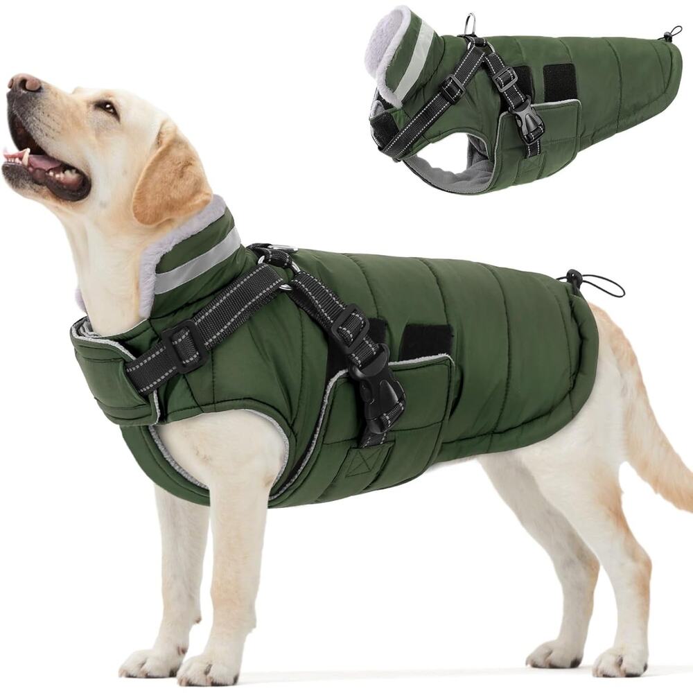 Queenmore Dog‎ Jacket Coat Large Green Waterproof Fleece Harness Winter New